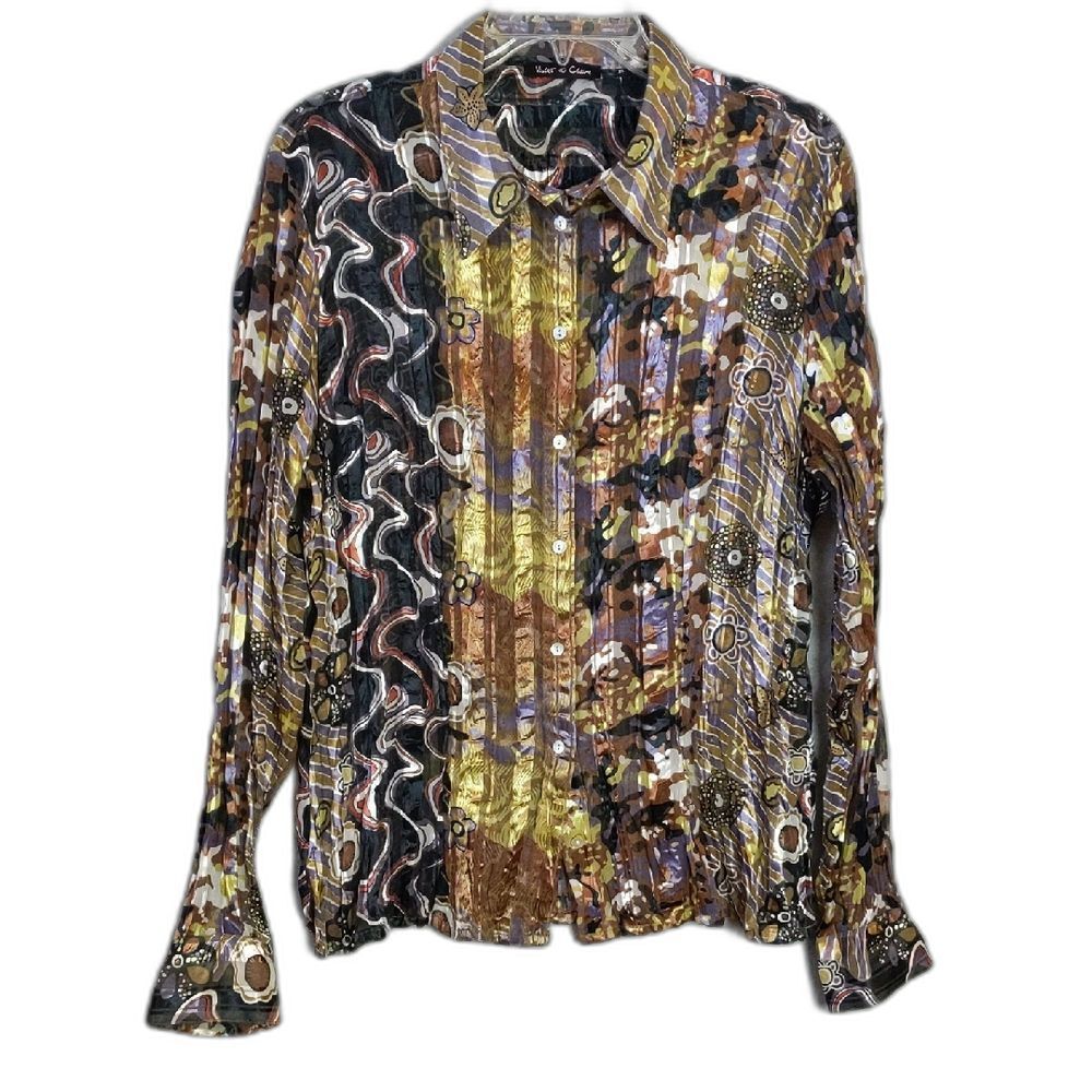Violet & Claire Polyester Pleated Sheer Button Down Funky Blouse Long Sleeve XL